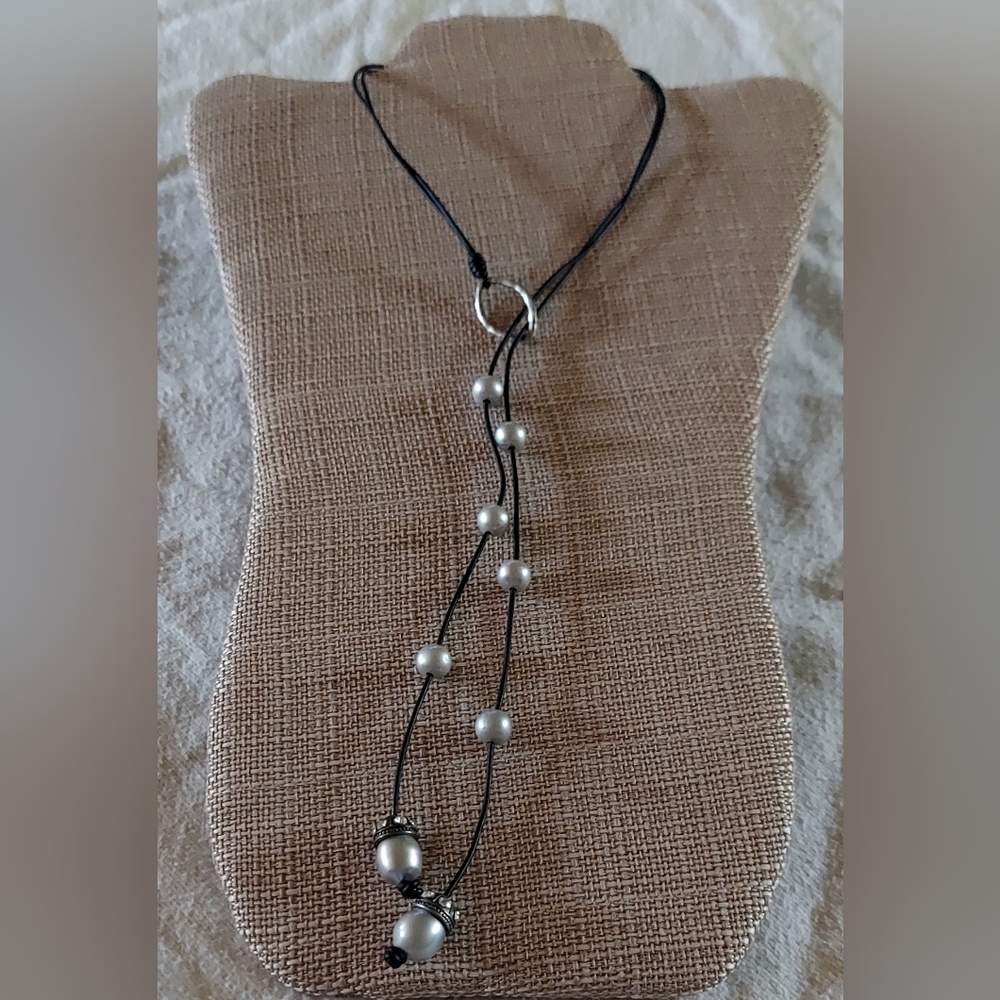 Handmade Silver Pearl And Black Leather Boho Necklace